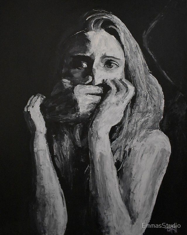 a black and white painting of a woman with her hands on her face