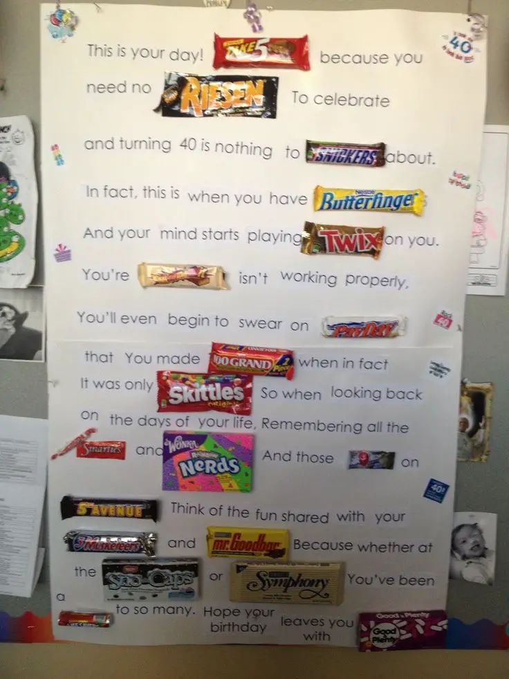 a bulletin board with candy bars on it