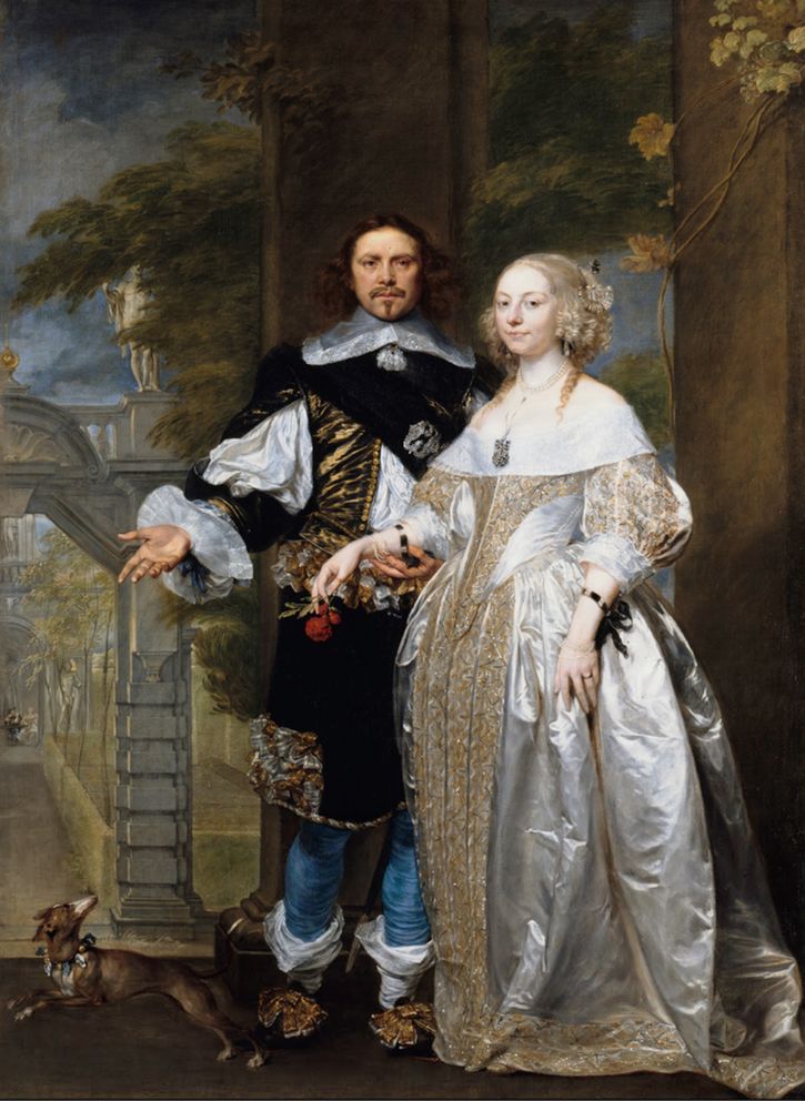 a painting of a man and woman in formal dress standing next to each other,