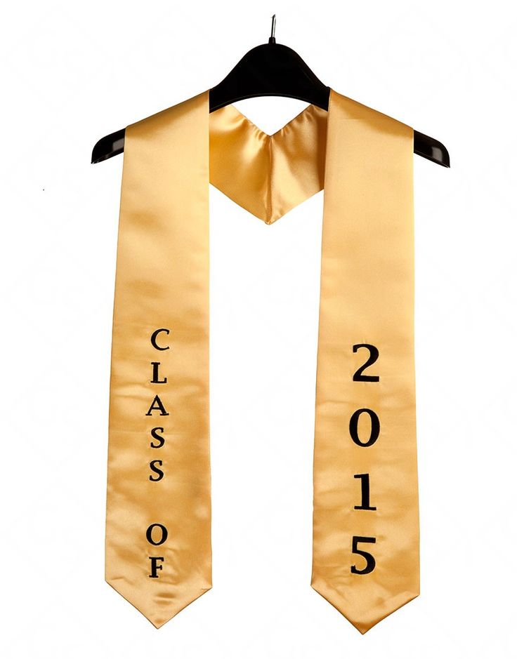 a gold graduation stole hanging on a hanger with the words class of 2015 printed on it