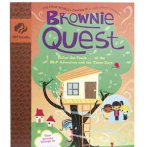 the brownie quest book is open to show an image of a tree house and two children