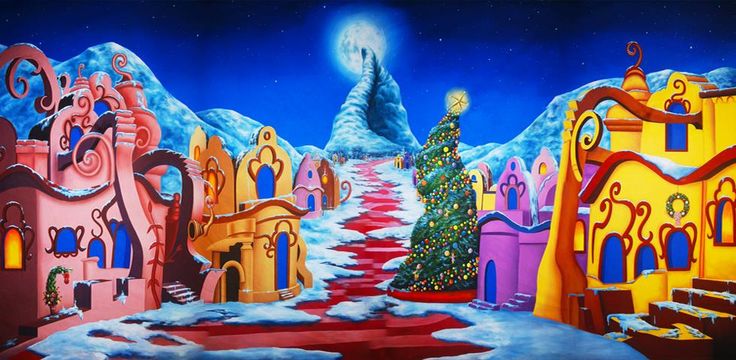 a painting of a christmas tree in the middle of a snowy landscape with buildings and trees