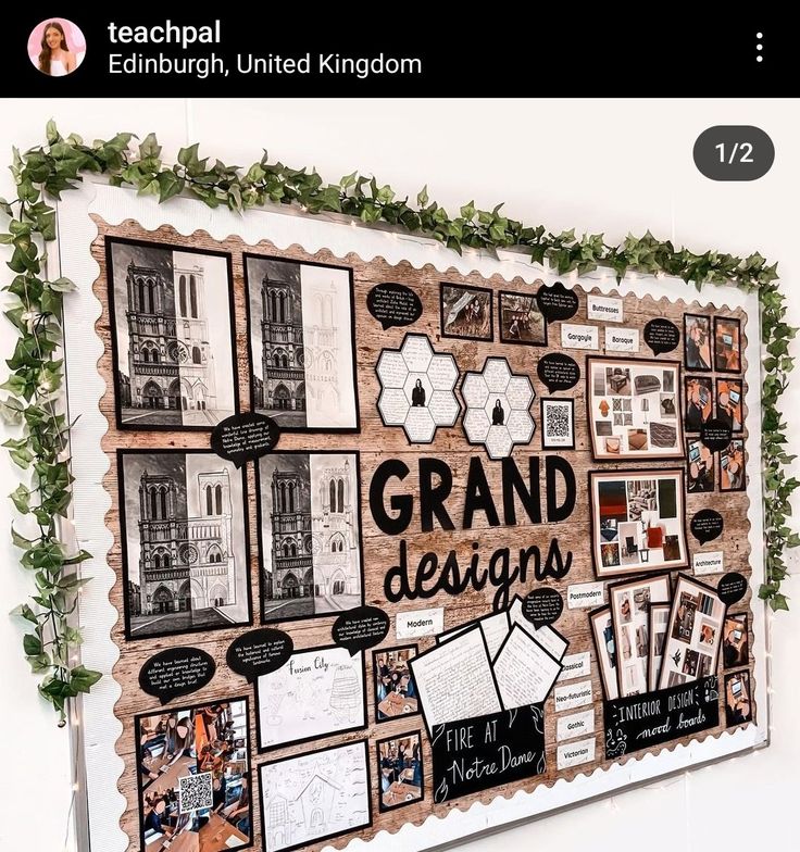 a bulletin board with pictures and words on it that says grand designs, surrounded by greenery