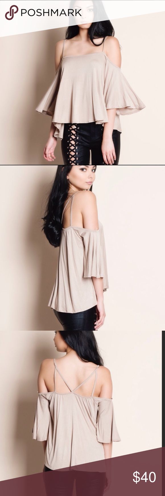 Off the shoulder scrappy top Off the shoulder scrappy top. Cold shoulder styling. Tops Stretch Beige Blouse For Day Out, Chic Taupe Tops For Fall, Beige Tops For Night Out In Spring, Beige Top For Night Out In Fall, Stretch Taupe Tops For Summer, Chic Taupe Tops For Spring, Taupe Tops For Day Out In Fall, Taupe Tops For A Fall Day Out, Taupe Stretch Tops For Summer