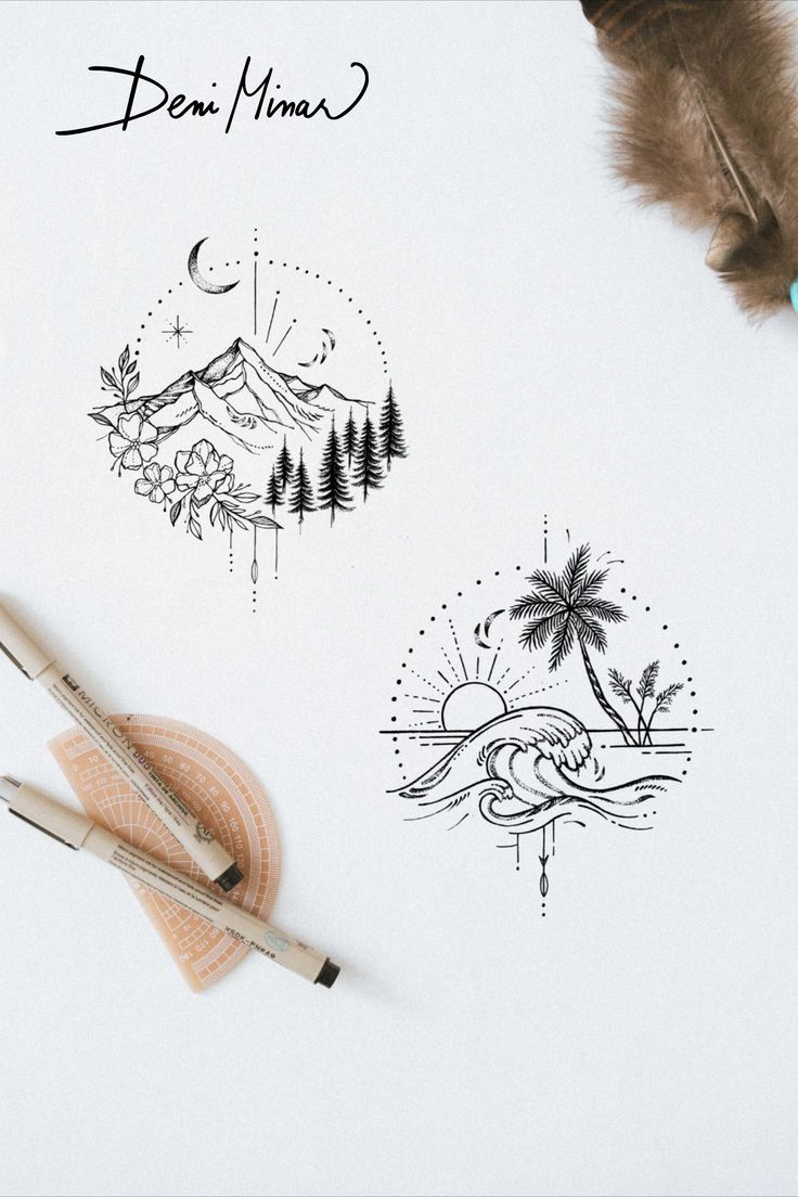 Small tattoo design artwork created by Slovak artist Deni Minar suitable for all nature and adventure lovers. Cool Ocean Tattoos, Vertical Ocean Tattoo, Beach Travel Tattoo Ideas, Mountain View Tattoo, Flower Travel Tattoo, Mountain And Birth Flower Tattoo, Small Utah Tattoo, Tattoo Ocean And Mountain, Mountain Ocean Matching Tattoos