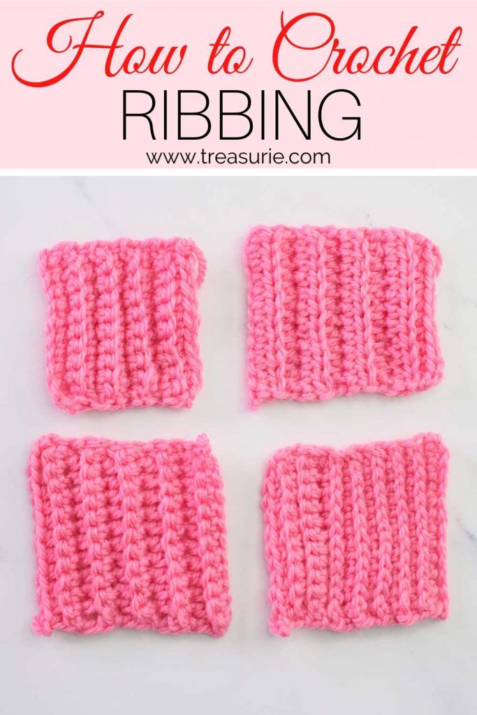 four crocheted ribbings are shown with the text, how to crochet ribbing