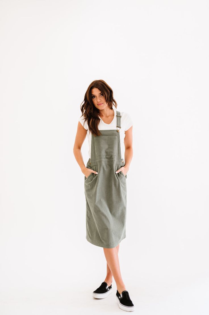 Green corduroy dress with pockets Summer Medium Wash Denim Overall Dress, Womens Corduroy Overall Dress, Medium Wash Denim Overall Dress With Pockets, Green Corduroy Dress, Courdory Overalls Dress, 50 Skirt, Dresses Lds, Lds Temple Dresses, Overall Dresses