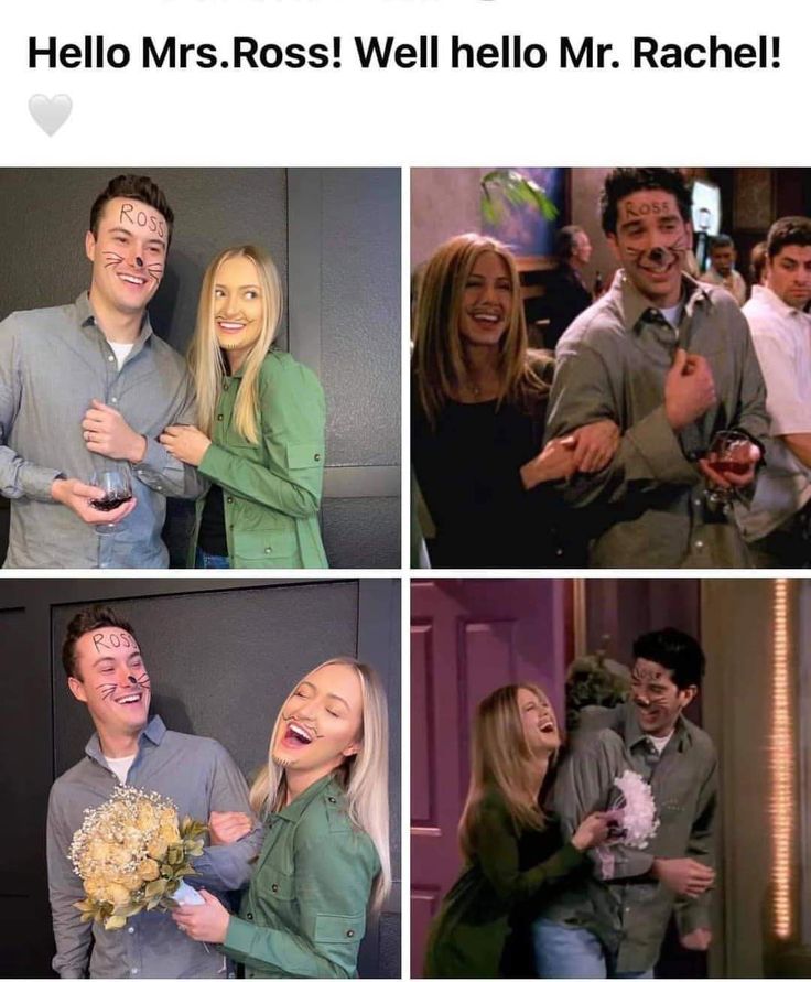 four pictures of people smiling and hugging each other with the caption hello mrs ross well help mr rachel