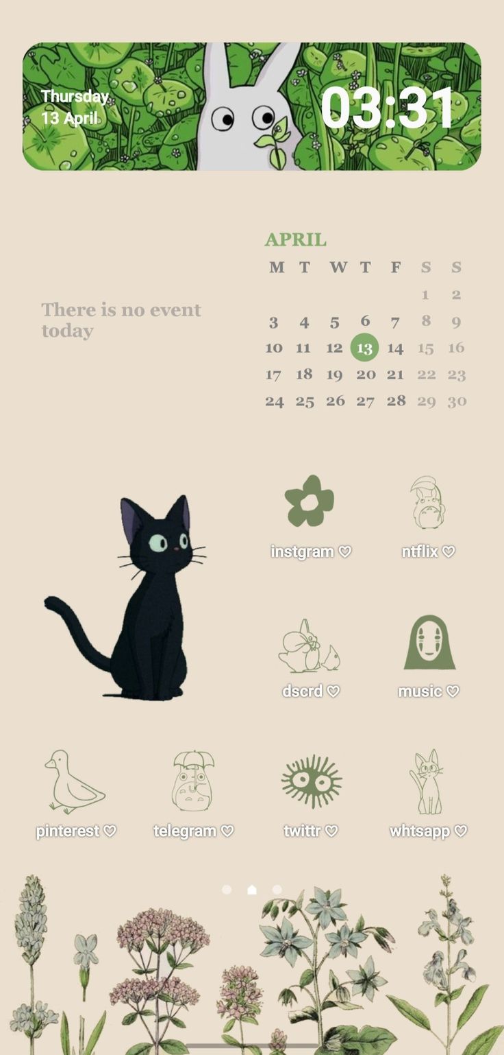 a calendar with an image of a cat in the grass and flowers on it's side