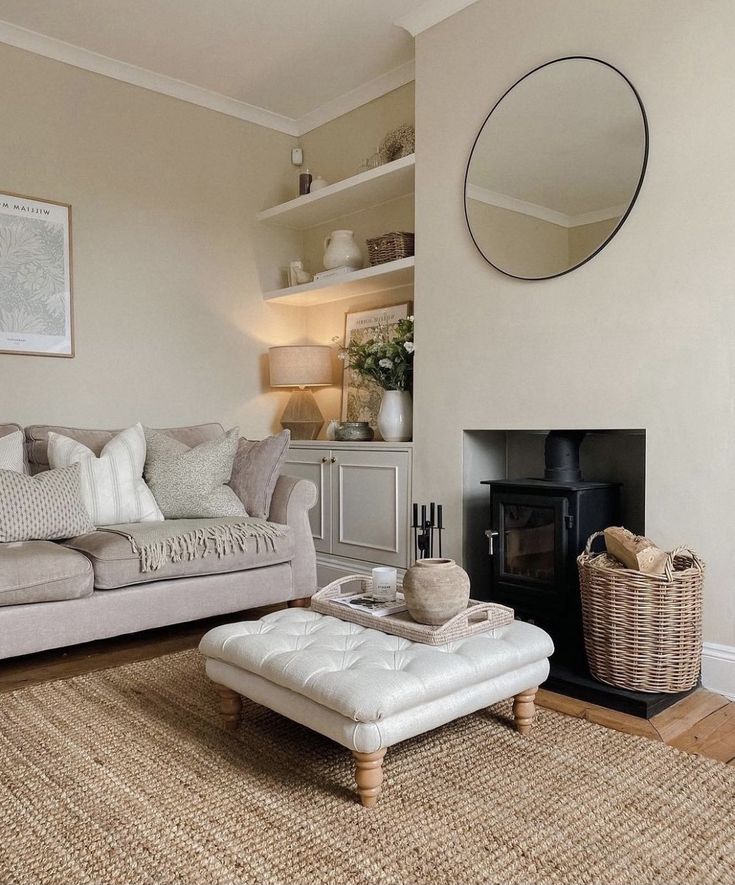 a living room filled with furniture and a fire place under a mirror on the wall