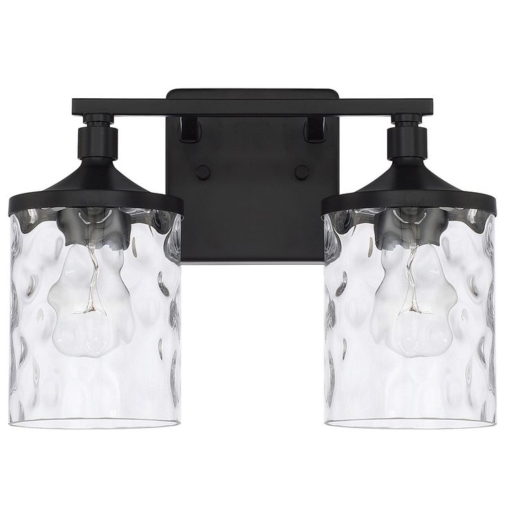 two light bathroom fixture in black finish with clear glass shades on the front and sides