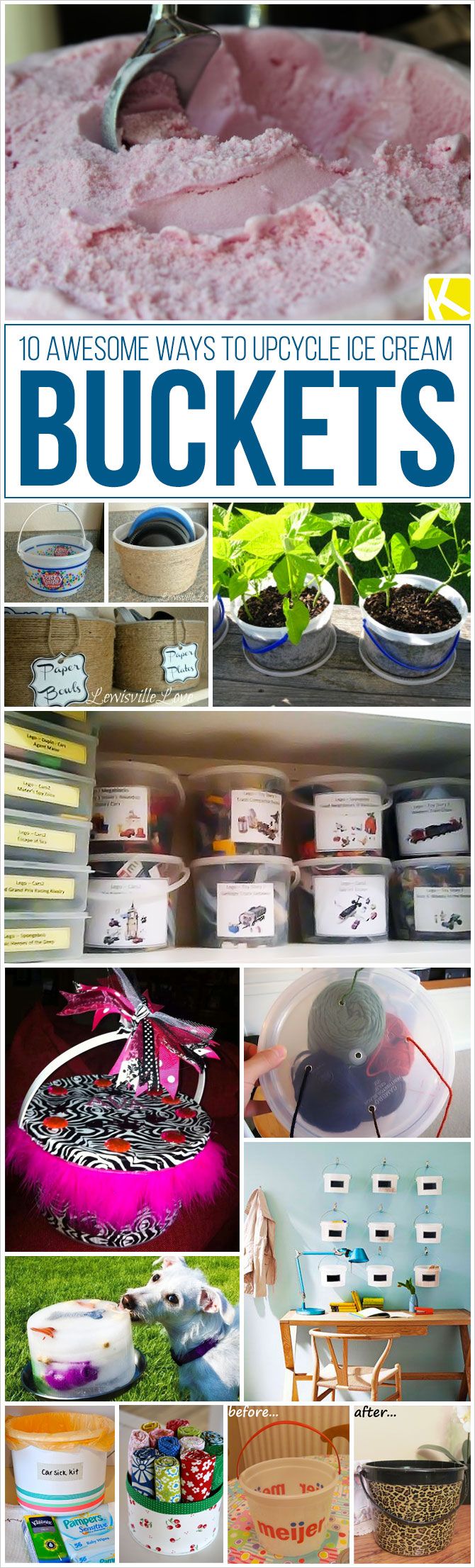 a collage of photos with words and pictures about buckets on them, including an assortment of items