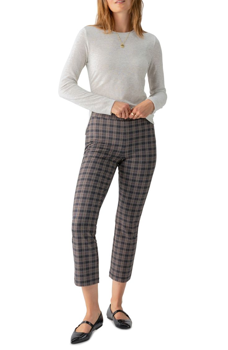 Rich jewel tones light up a pair of posh plaid pants fashioned with an on-trend high waist and straight-leg, cropped silhouette. 27" inseam; 15" leg opening; 11" front rise; 14" back rise (size Medium)) 35% recycled polyester, 32% polyester, 29% rayon, 4% spandex Machine wash, dry flat Imported Mid-rise Elastane Pants For Fall, Chic Plaid Straight Leg Pants, Elegant Fitted Plaid Bottoms, Chic Plaid Bottoms For Business Casual, Plaid Pants For Business Casual In Fall, Plaid Pants For Workwear, Elegant Plaid Bottoms For Fall, Elegant High-waisted Plaid Pants, Chic Plaid Straight Leg Bottoms