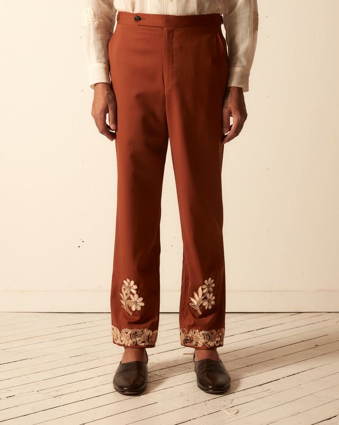 Festive Embroidered Workwear Pants, Festive Embroidered Pants For Workwear, Festive Workwear Straight Pants, Fitted Floral Embroidery Pants For Fall, Formal Orange Trousers, Formal Festive Straight Pants, Festive Formal Straight Pants, Festive Formal Straight Bottoms, Festive Straight Pants For Workwear