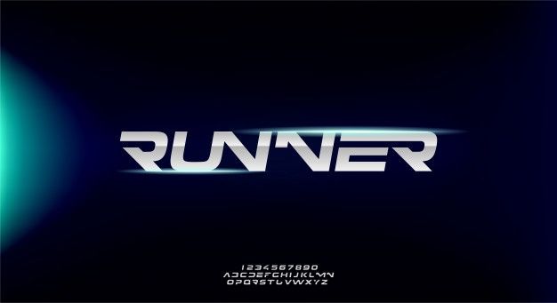 the word runner written in white on a black background with blue and green light behind it