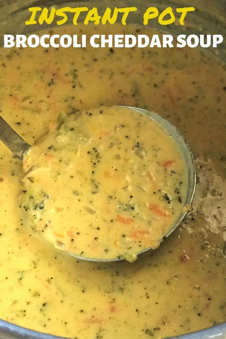 broccoli cheddar soup in a pot with a ladle full of it