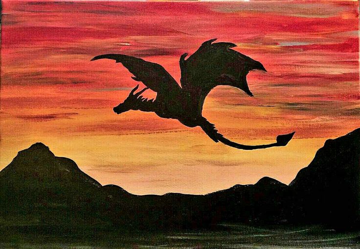 an acrylic painting of a dragon flying in the sky over mountains at sunset