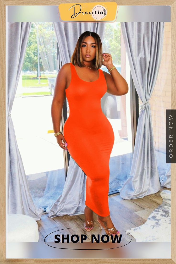 Sexy Sleeveless U-neck Solid-color Mid-waist Dress Orange Stretch Sleeveless Dress For Party, Stretch Orange Sleeveless Dress For Party, Sleeveless Bodycon Solid Color Dress, Sleeveless Bodycon Dress In Solid Color, Sleeveless Stretch Maxi Dress For Club, Trendy Orange Sleeveless Dress, Orange Stretch Maxi Dress For Night Out, Casual Sleeveless Club Dress, Casual Sleeveless Dress For Club