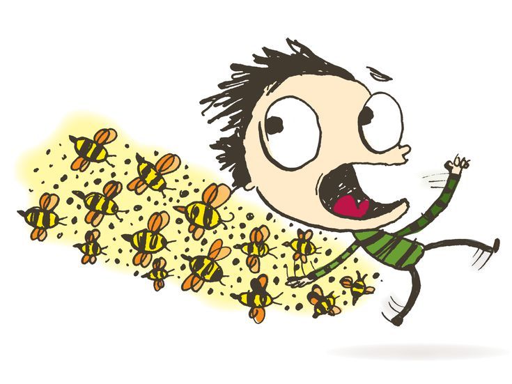 a drawing of a boy with bees around him