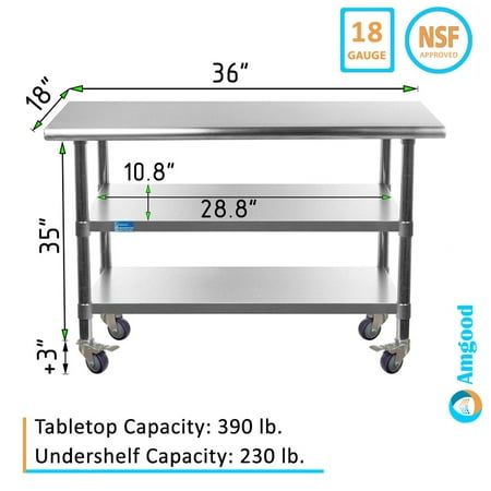 an image of a stainless steel table on wheels with measurements for the top and bottom