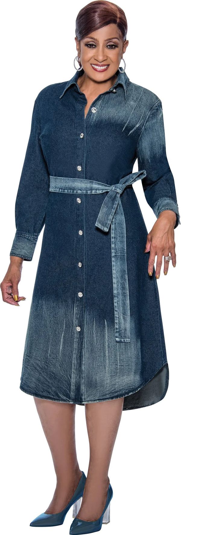 Dorinda 4981 1 piece Denim Dress Colors: Navy Sizes: 8, 10, 12, 14, 16, 16W, 18, 18W, 20W, 22W, 24W, 26W Womens Casual Suits, Belted Denim Dress, Plus Size Shirt Dress, Plus Size Black Dresses, Denim Day, Bodycon Fashion, Curve Dresses, Vestido Casual, Black Shirt Dress