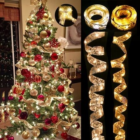 three different christmas trees decorated with lights and ornaments, one in gold and the other in red