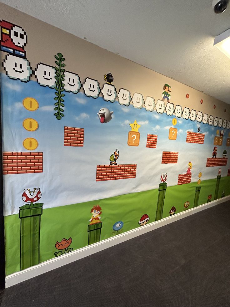 this is a wall mural in an office with video game characters on it and mario