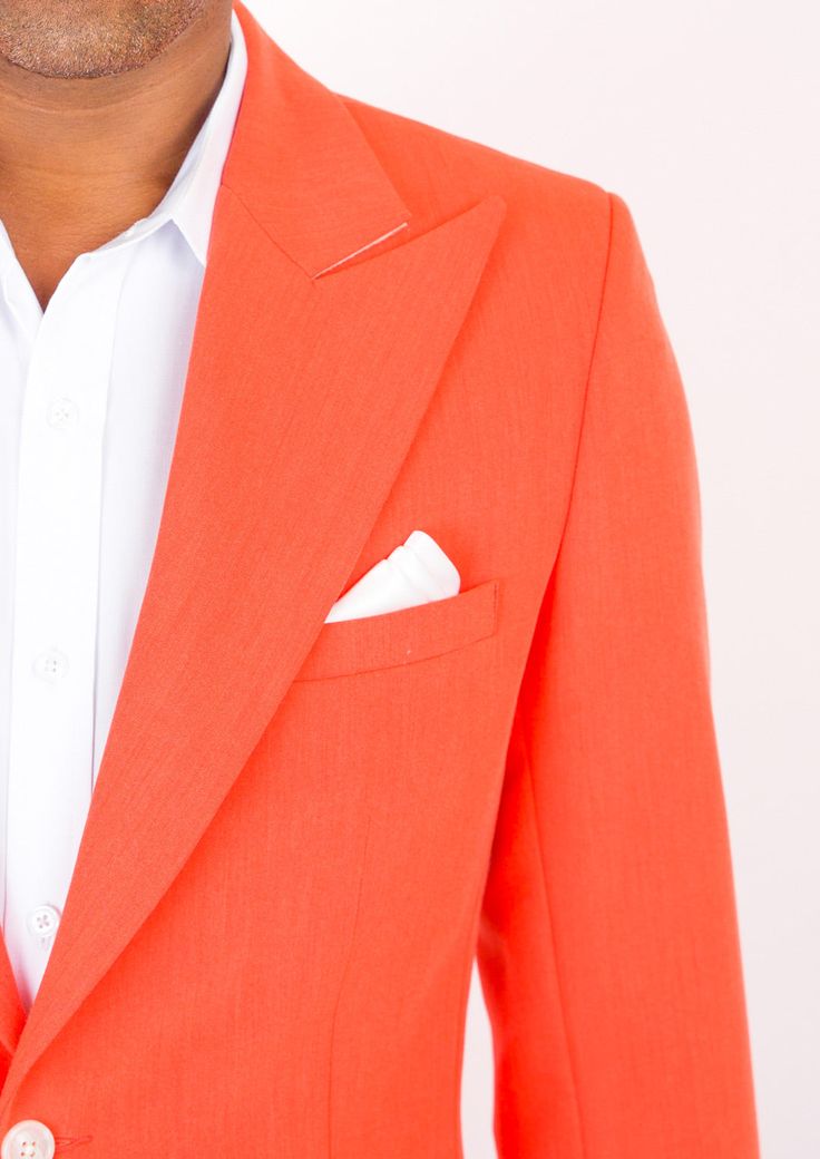 Delivered in as little as two weeks. Free shipping. Covered by our Free Remake Guarantee. Don’t forget Shirts, Pants, Ties & Squares. Fitted Orange Blazer With Long Sleeves, Tailored Orange Blazer With Notch Lapel, Fitted Orange Outerwear With Notch Lapel, Tailored Orange Single-breasted Blazer, Tailored Long Sleeve Orange Outerwear, Orange Fitted Blazer For Work, Orange Notch Lapel Outerwear For Spring, Formal Orange Outerwear With Notch Lapel, Formal Orange Notch Lapel Outerwear