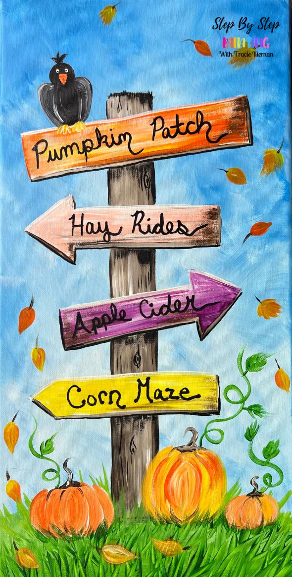 an acrylic painting of pumpkins and directional signs