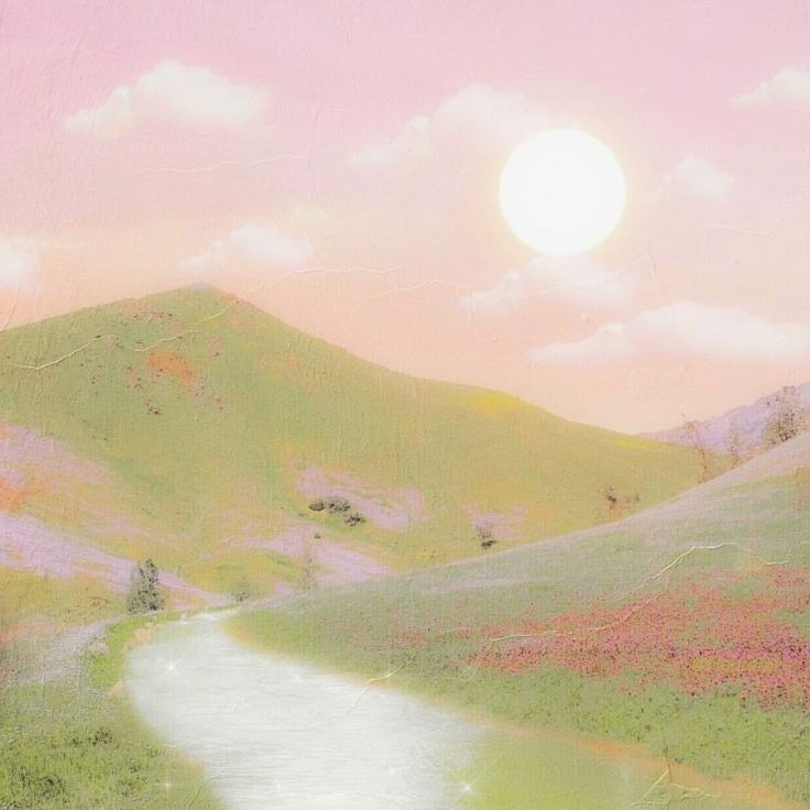 a painting of a river running through a lush green valley under a pink sky with clouds