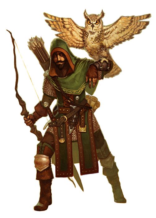 an owl is standing next to a man with a bow and arrow in his hand