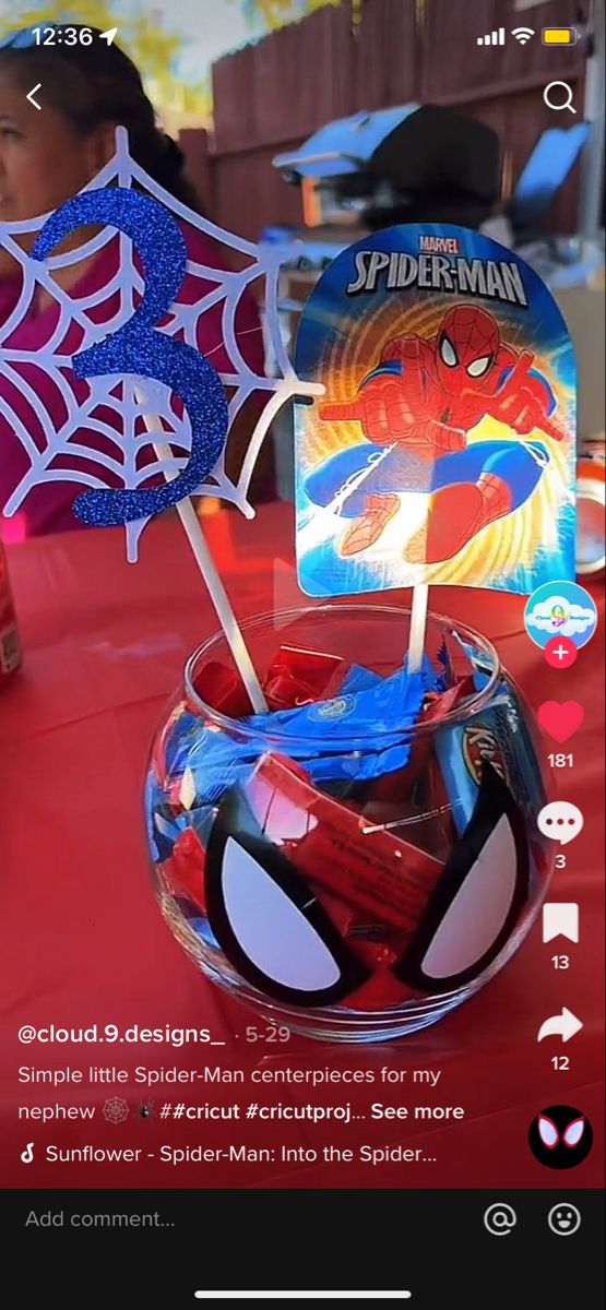 the spiderman centerpieces are on display for everyone to see