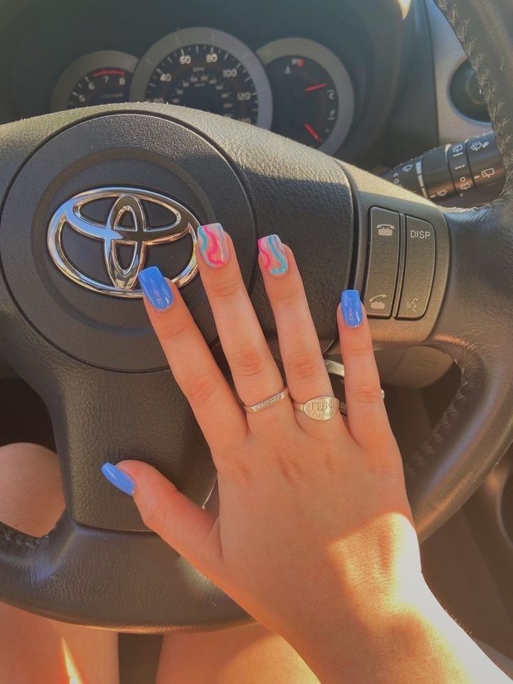 Bright Square Acrylic Nails, Blue Spring Break Nails, Summer Nails Multi Color, Beachy Nails Acrylic, Libra Nails, Preppy Nails, Teen Nails, Western Nails, Unghie Sfumate