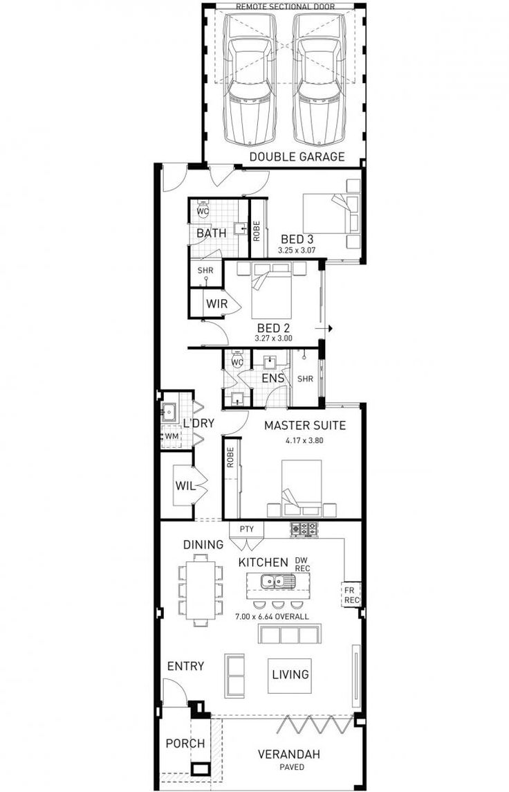 the floor plan for a three story house with two car garages on each side