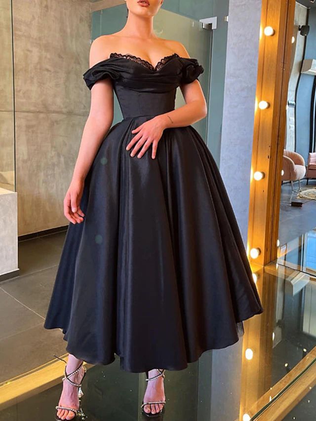 A-Line Prom Dresses 1950s Dress Masquerade Tea Length Short Sleeve Off Shoulder Satin with Ruched 2023 2023 - US $137.99 Dress Masquerade, Tea Length Prom Dress, Masquerade Wedding, Plus Size Vintage Dresses, Short Noir, Prom Dresses Elegant, Fall Wedding Guest, Vintage Black Dress, Prom Dresses Vintage