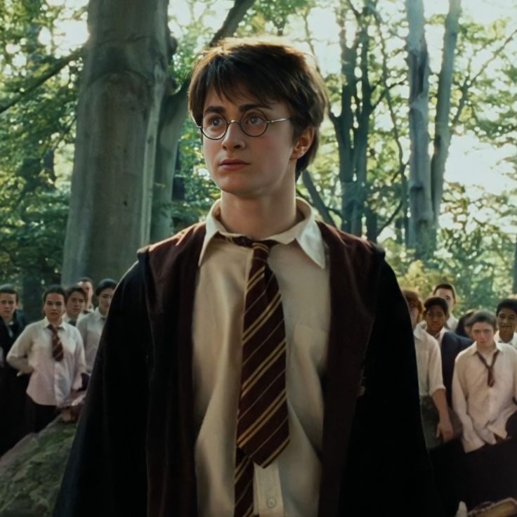 harry potter is standing in front of a group of people wearing glasses and ties,