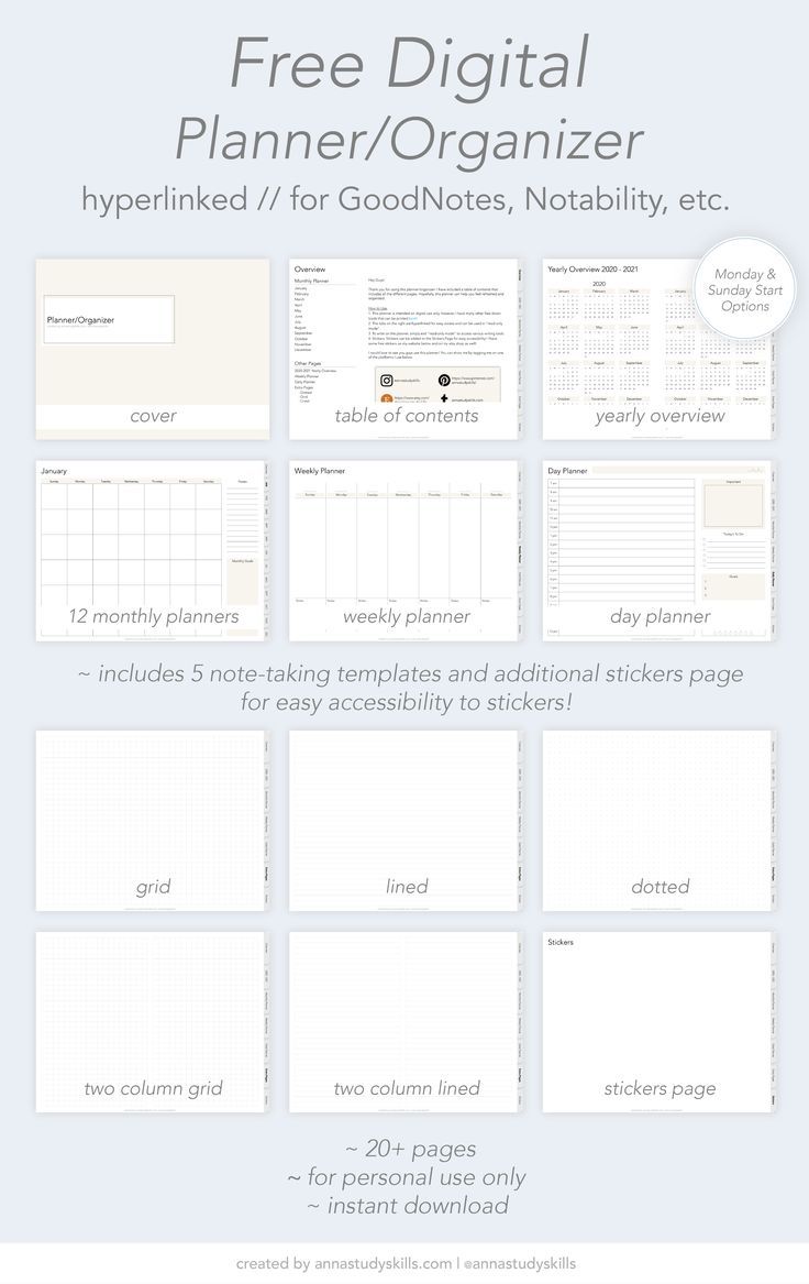 free digital planner/organizer // goodnotes // notability //  annastudyskills  planneressentials.