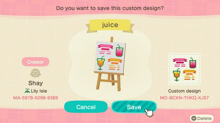 an animal crossing game with the words juice on it's screen and other items