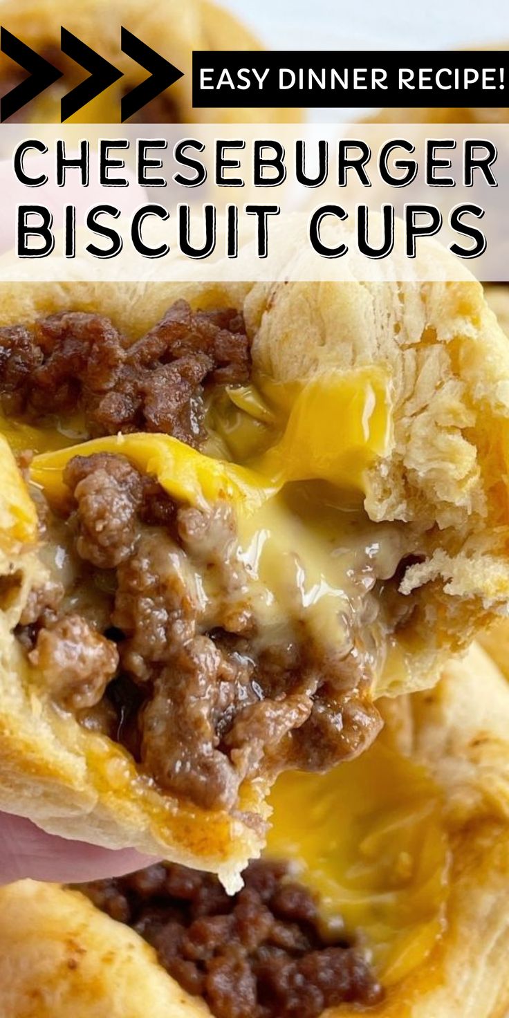 Picture of cheeseburger biscuit cups with a bite taken out of it to show the melty cheese inside the biscuit cup. Biscuit Recipes Dinner, Velveeta Recipes, Biscuit Cups, Beef Recipes For Dinner Easy, Recipes On A Budget, Recipes For Dinner Easy, Beef Ground, Easy Ground Beef, Dinner With Ground Beef