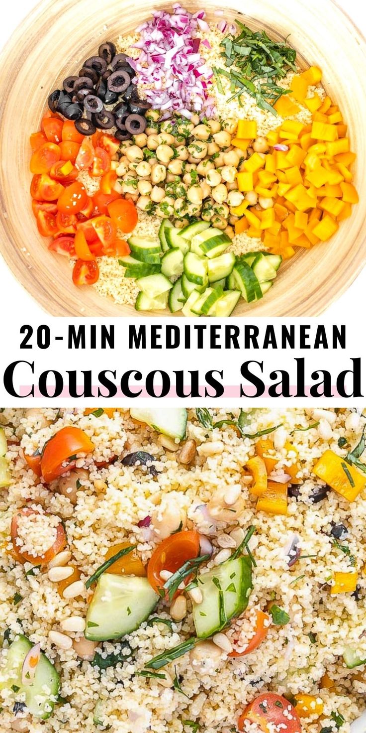 two pictures with the words 20 min mediterranean couscous salad in it and an image of