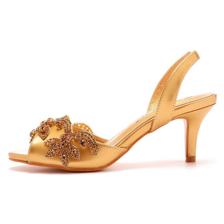 Details: Style: elegant Embellishment:?Rhinestone Heels Type:?Stiletto Heel height: 2.56inch Closure Type: slingback Toe: Peep Toe Upper Material:?PU Leather Sole Material:?Rubber Lining Material:?PU Leather Gold High Heel Sandals For Prom, Gold Open Toe Heels For Gala, Gold Open-toe Heels For Gala, Gold Pointed Toe Sandals For Gala, Gold Ankle Strap Slingback Sandals For Evening, Glamorous Gold Evening Sandals, Gold Pointed Toe Sandals For Prom, Gold Low Heel Slingback Sandals For Evening, Gold Low Heel Sandals For Prom