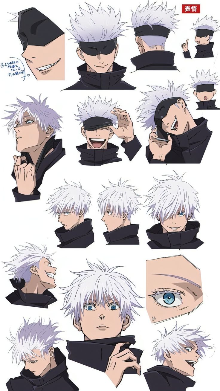 an anime character with white hair and blue eyes is shown in various poses, including the head