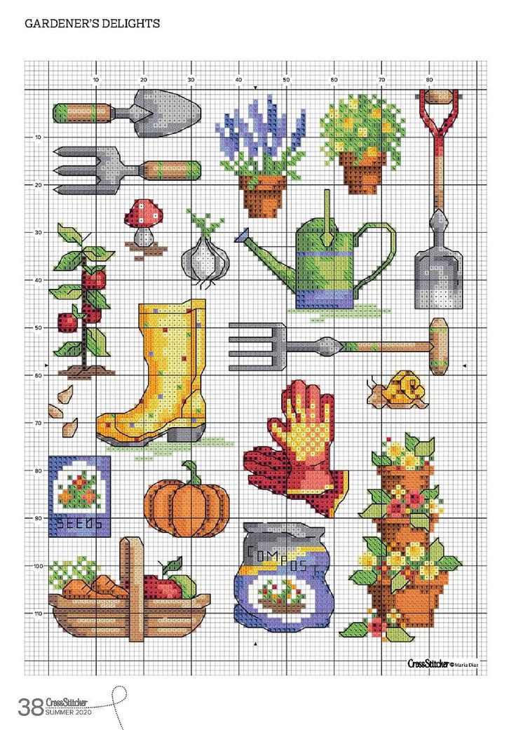 cross stitch pattern with gardening related items on the front and back side, including boots, shovels, flowers, plants, watering can be used as well for garden projects