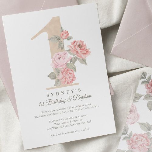 a pink and white floral birthday card on top of some envelopes with the number one printed on it