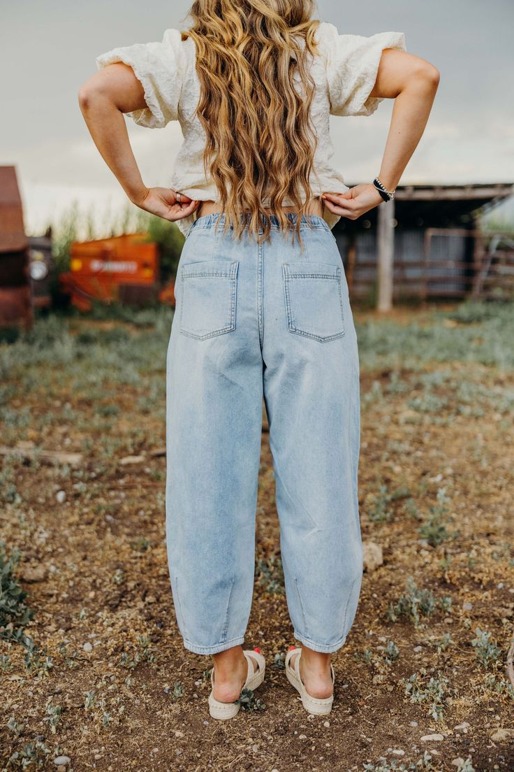 These denim cowgirl pants feature a unique pleat detail and a flattering barrel jean fit - perfect for any fall adventure. So leave the boring jeans behind and let your inner cowgirl shine with these playful pants! Haylee is wear size small paired with The Rosales Top Cowgirl Pants, Denim Cowgirl, Jean Fit, Pants Large, Curvy Dress, Heritage Collection, Bottoms Pants, Short Pants, Jeans Fit