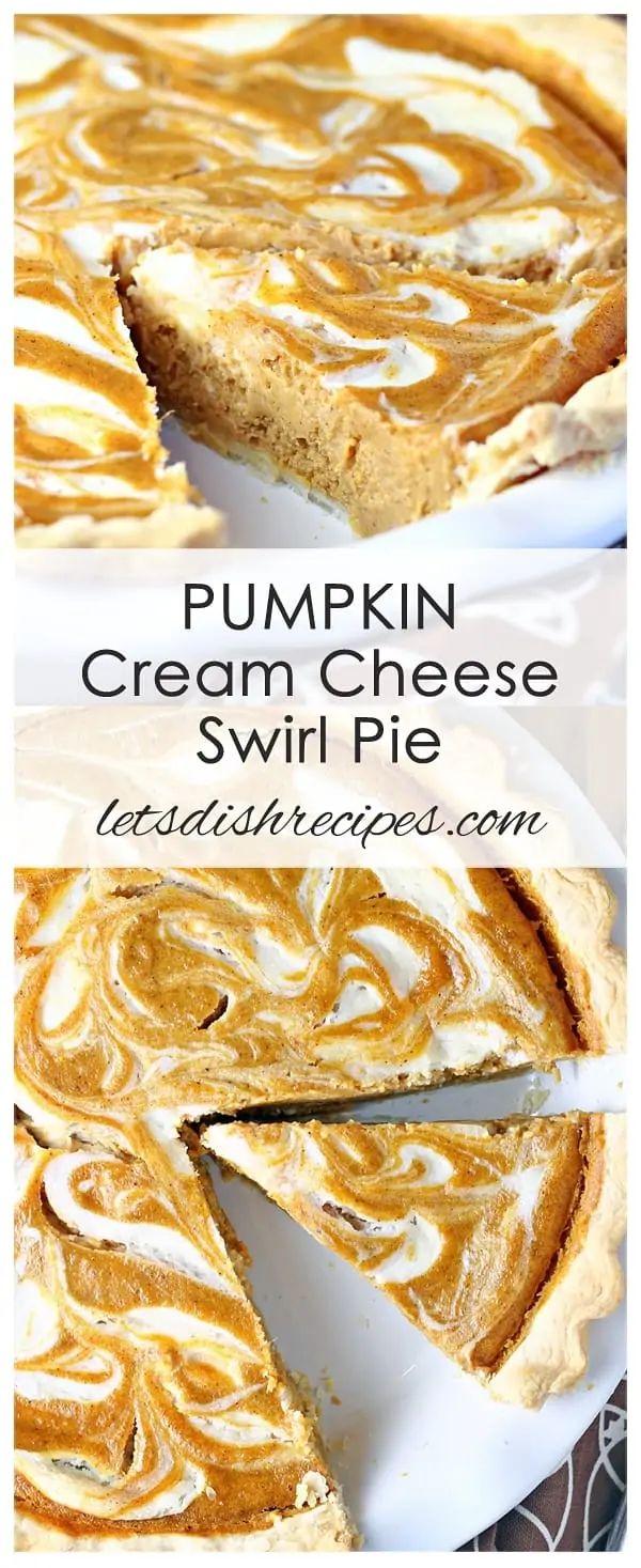 pumpkin cream cheese swirl pie on a white plate