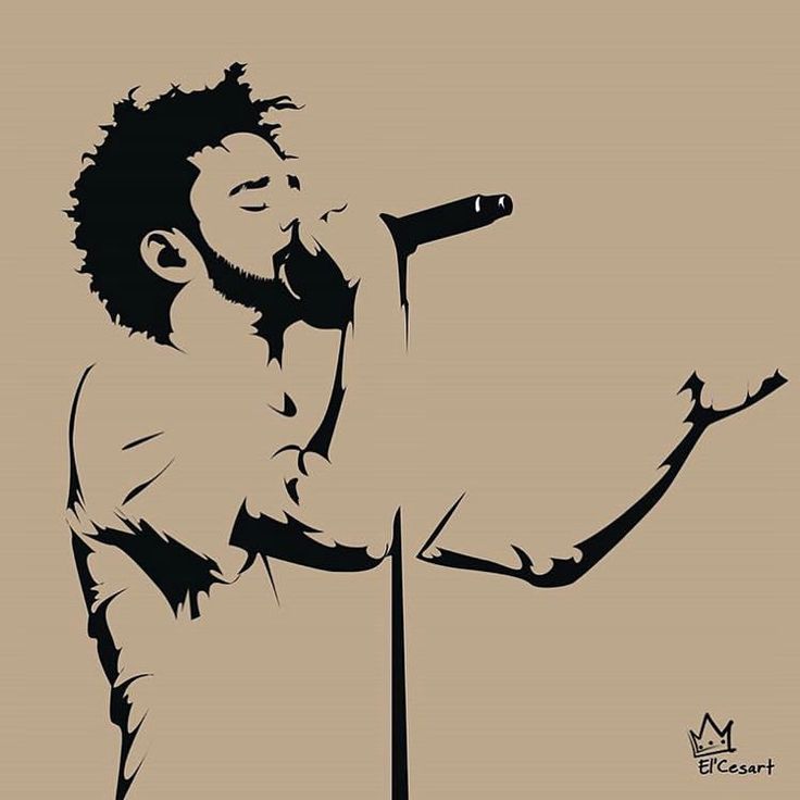 a black and white drawing of a man singing into a microphone with his hand in the air