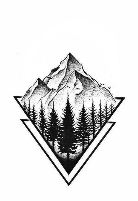 a mountain with trees in the middle and mountains on it's sides, surrounded by triangles