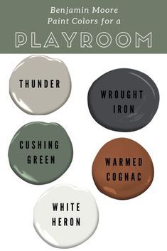 four different colors of paint that say playroom and white, green, red, black