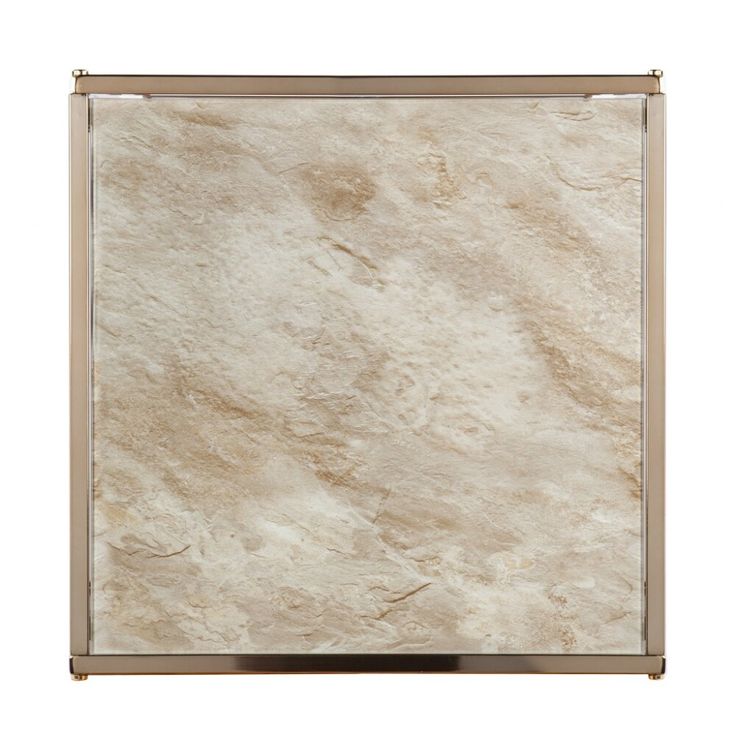 a white marble tile with gold trimmings on the edges and an open glass frame